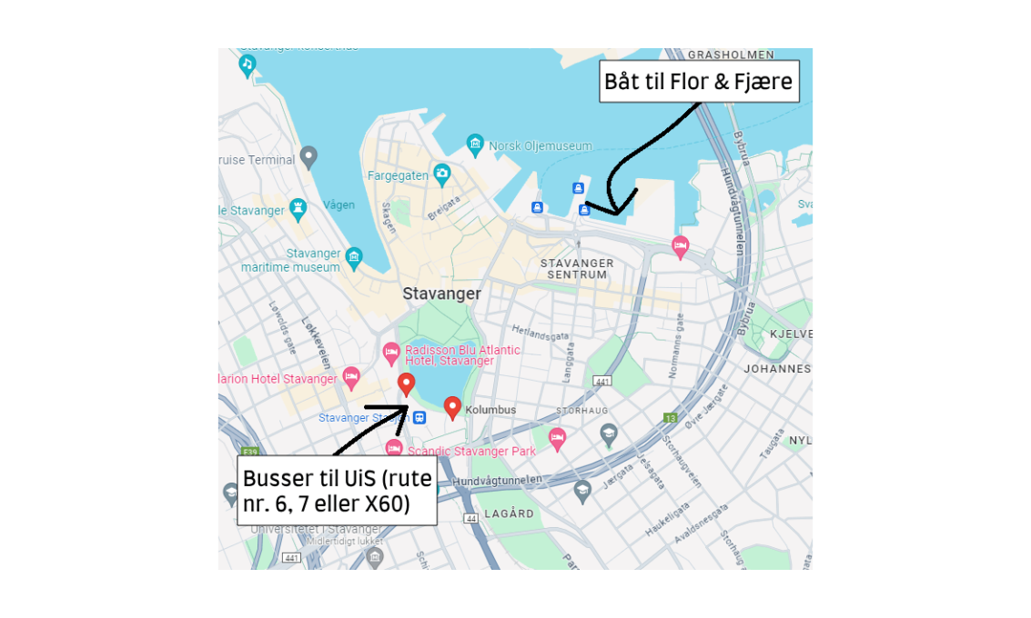 Kart som viser avgang av buss til UiS og båtterminal for båt til Flor & Fjære