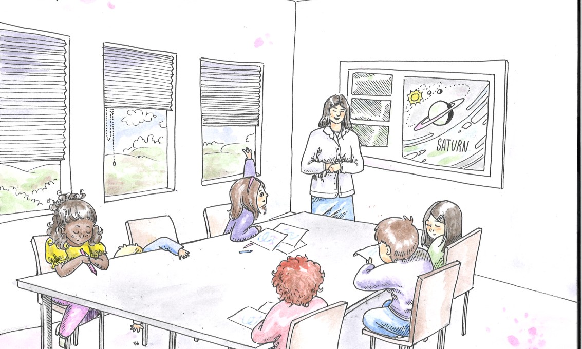 Illustrasjon av en barnehagelærer og flere barnehagebarn som sitter rundt et stort bord