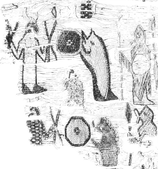 Fragment av bonaderna från båtgraven i Oseberg vid Oslofjorden, Vestfold, Norge  (834 e.Kr.). Tecknare: M. Storm.