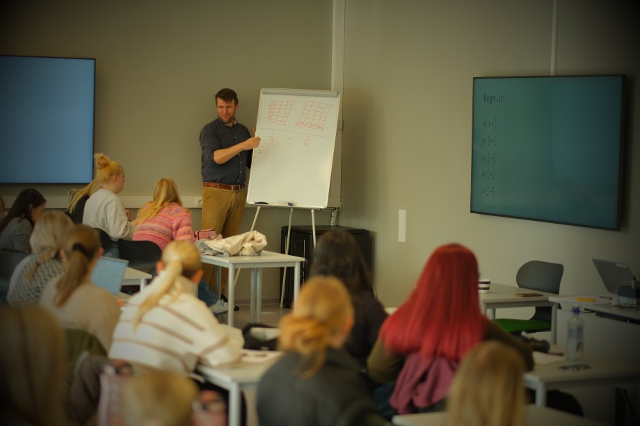 mann står innerst i et rom ved en whiteboard-tavle, vi ser ryggene til dem som ser fram mot ham og tavler