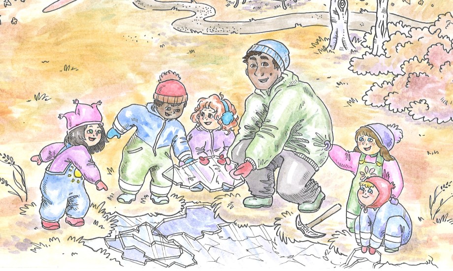 Illustrasjon av fem barnehagebarn og en barnehagelærer som studerer isflak i skogen