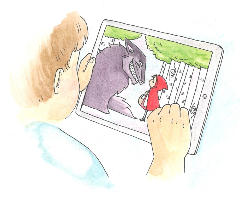 Illustrasjon av et barnehagebarn med et nettbrett som viser eventyret om rødhette