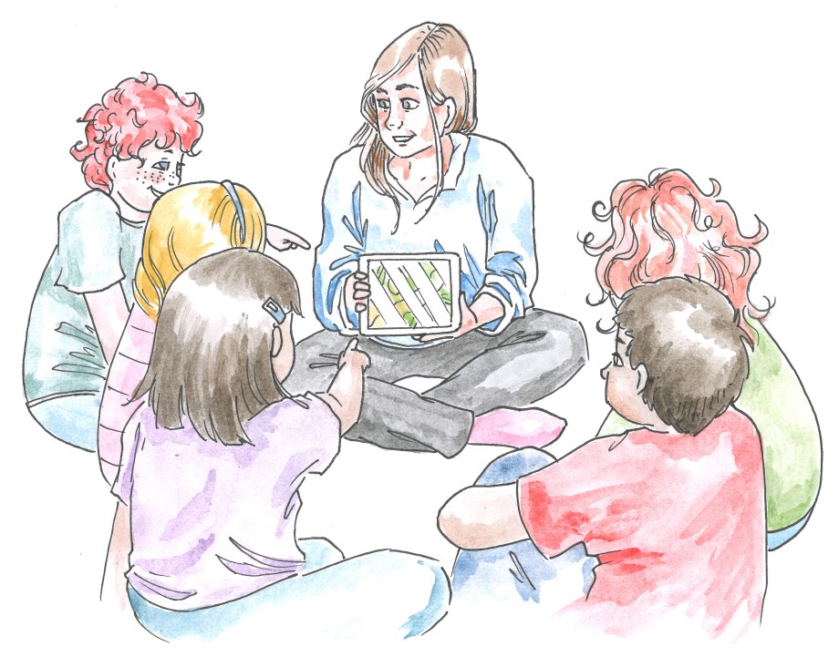 Illustrasjon av fem barn og en barnehagelærer som leser en digital bok